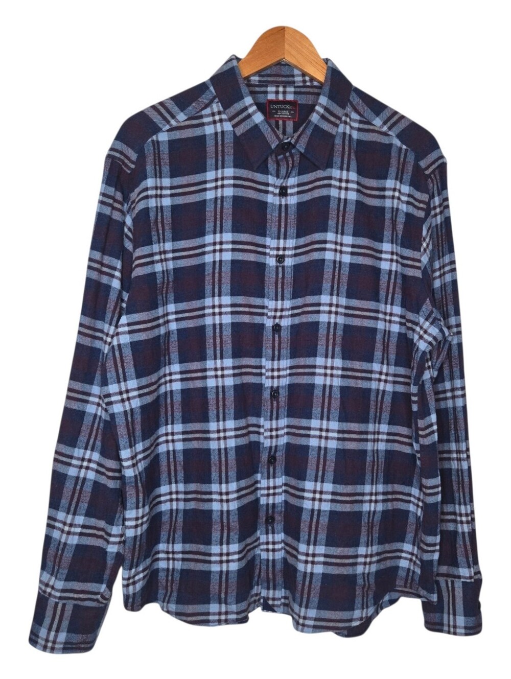 Untuckit Mens Blue Plaid Cotton Barrington Flannel Shirt XL